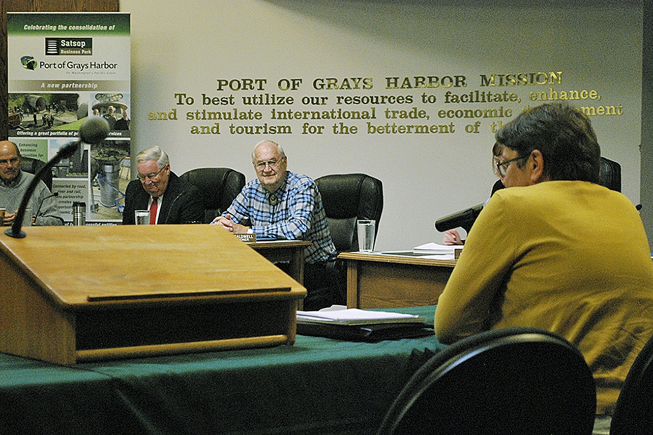 Rebecca Chaffee, Port of Willapa Harbor Manager, offers her insight of the cannabis industry to Port of Grays Harbor Commissioners in a special session Tuesday. BOB KIRKPATRICK/THE DAILY WORLD