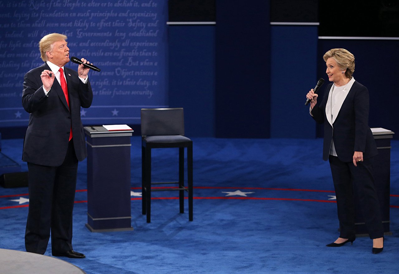 Donald Trump and and Hillary Clinton on stage during the second debate between the Republican and Democratic presidential candidates on Sunday, Oct. 9, at Washington University in St. Louis. (Photo by Christian Gooden/St. Louis Post-Dispatch)