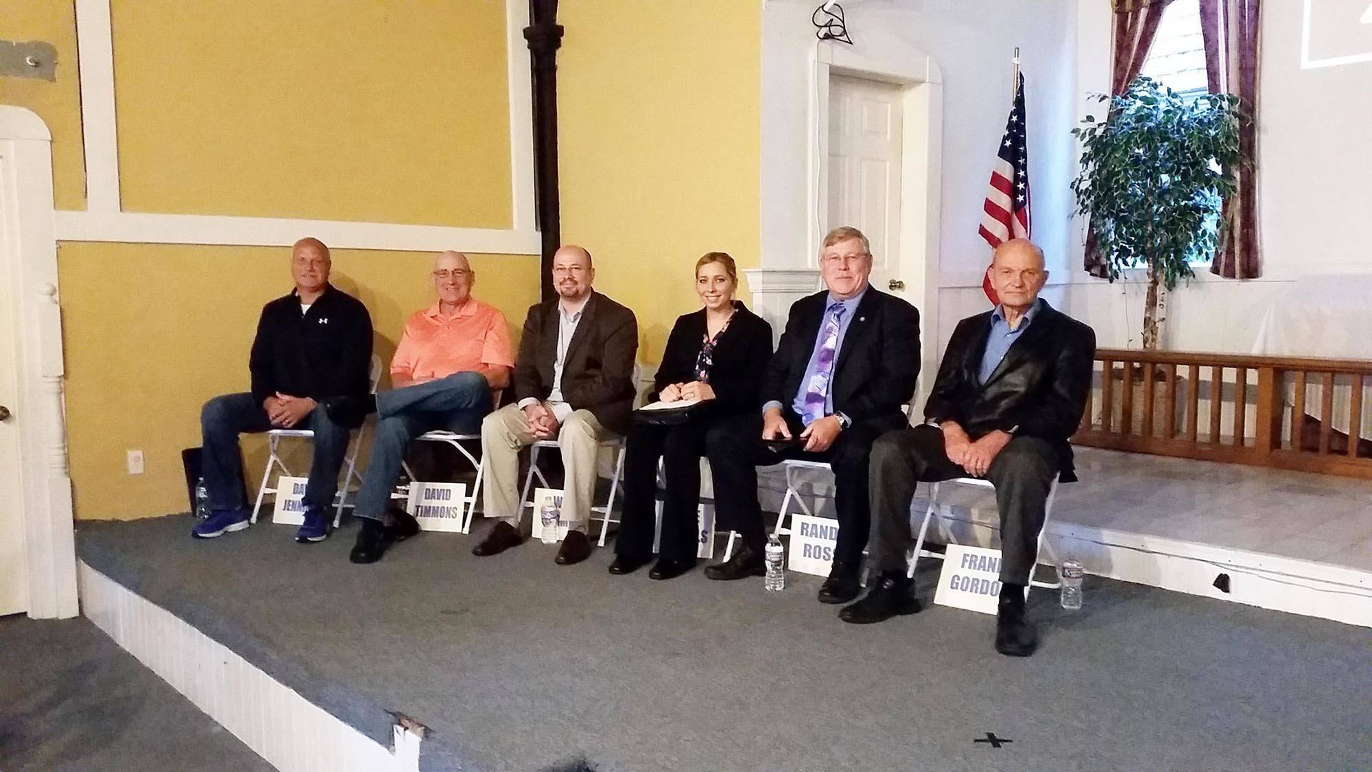 Candidates for Grays Harbor County Commission and GHPUD on Tuesday evening as they wait for a political forum to begin. From Left: Dave Jennings, Dave Timmons, Wes Cormier, Jamie Nichols, Randy Ross and Frank Gordon. Terri Harber/The Daily World
