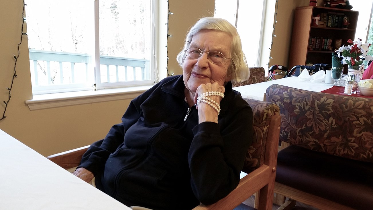 Frances Harmon, 97, speaks Dec. 20 at Westhaven Villa in Aberdeen. She shared some memories from her youth in Aberdeen. (Terri Harber|The Daily World)