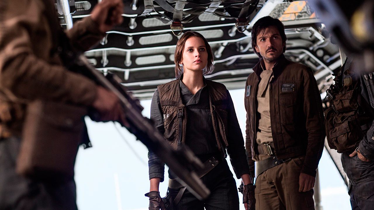 Felicity Jones as Jyn Erso and Diego Luna as Cassian Andor in the film “Rogue One: A Star Wars Story.” (Lucasfilm Ltd.)