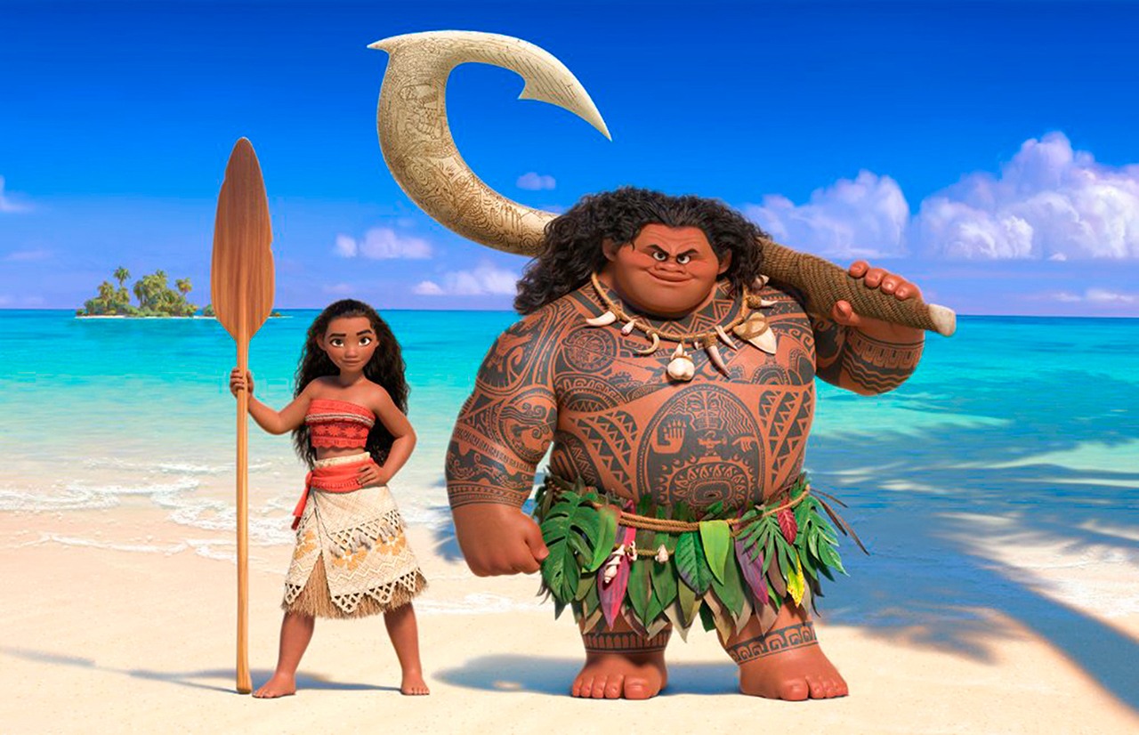 Moana, left, and Maui in “Moana,” the Disney movie about a young Pacific Island princess who dreams of becoming an ocean navigator. (Walt Disney Studios Motion Pictures)