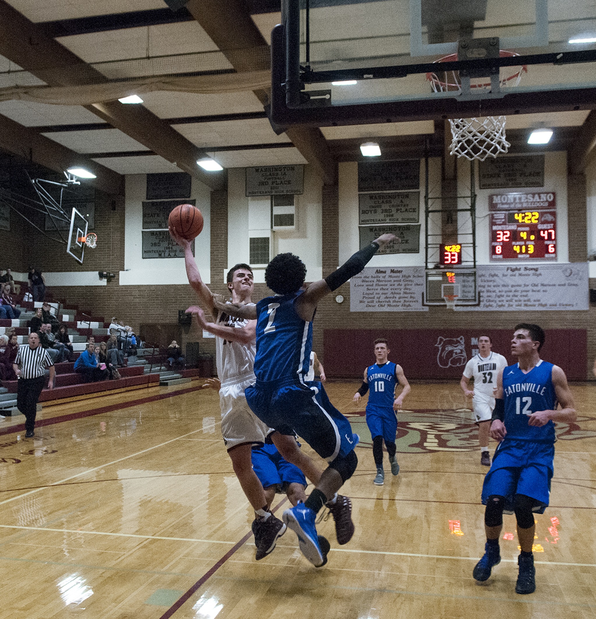 (Brendan Carl | The Daily World) Montesano’s Trevor Ridgway goes up for a shot agianst Eatonville on Friday. Ridgway was fouled and made both free throws.