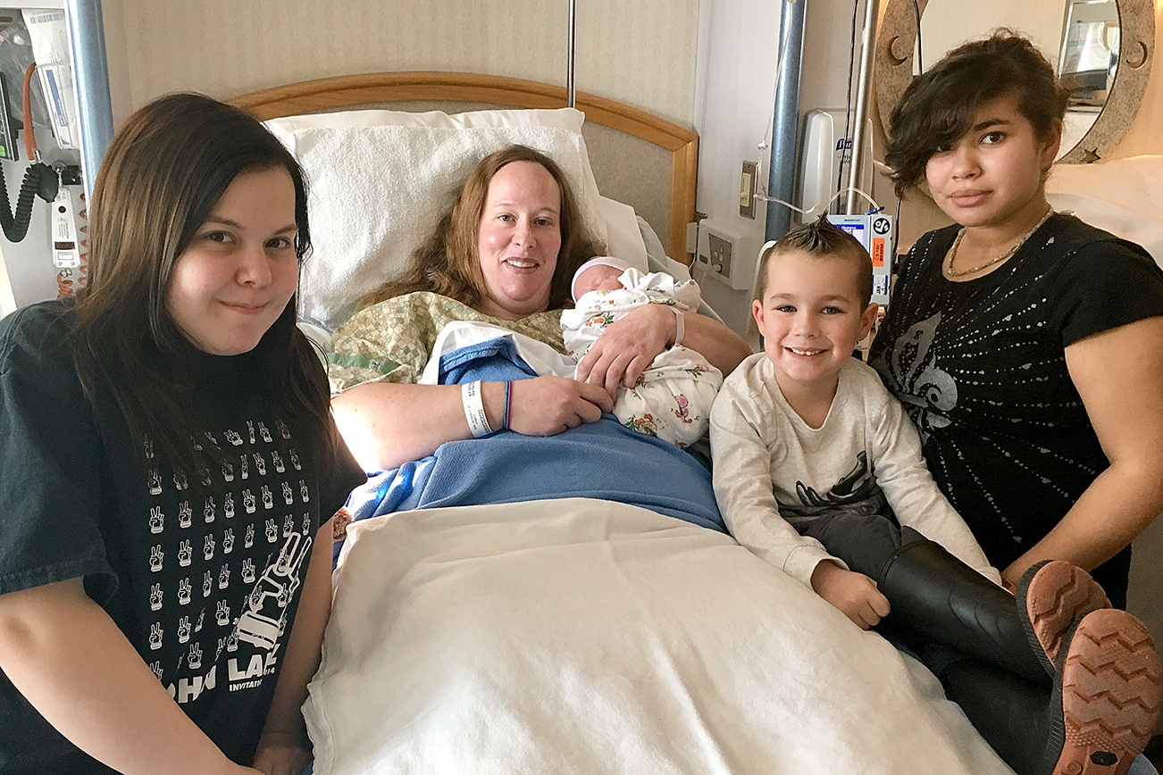 The first baby born in 2017 at the Family Birth Center at Grays Harbor Community Hospital was 6-pound 11-ounce, 20-inch Jameson Strandberg, born to Deanna Strandberg Monday at 9:24 a.m. Also pictured are Daniella (on left), Rosa and Gregory, who are excited to help care for the new addition. The baby was delivered by Dr. Carey R. Martens. The Family Birth Center delivered more than 500 babies in 2016.