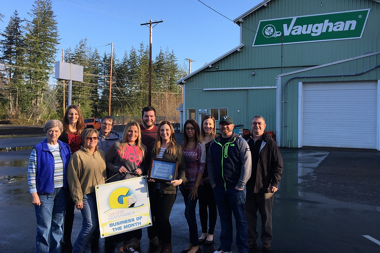 (Greater Grays Harbor Inc. photo) Employees of Vaughan Company Inc. and “ambassadors” of Greater Grays Harbor, Inc. pose for a photograph. Vaughan Company was named Greater Grays Harbor Inc.’s business of the month of December.