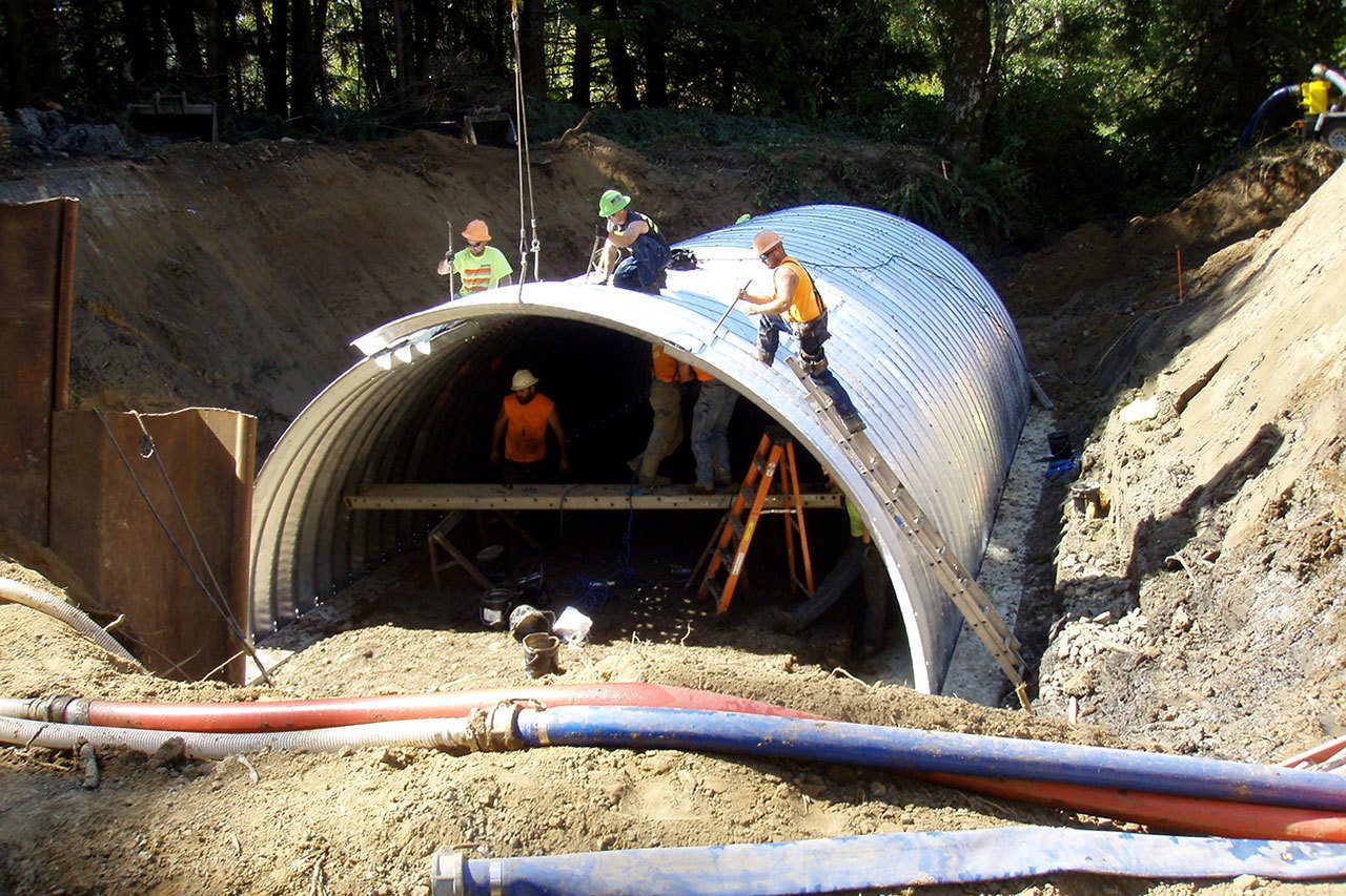 The Chehalis Basin Fisheries Task Force has managed 10 salmon habitat preservation and restoration projects in Thurston County. This is a photo of one of three John’s River tributary barrier correction projects while under construction.