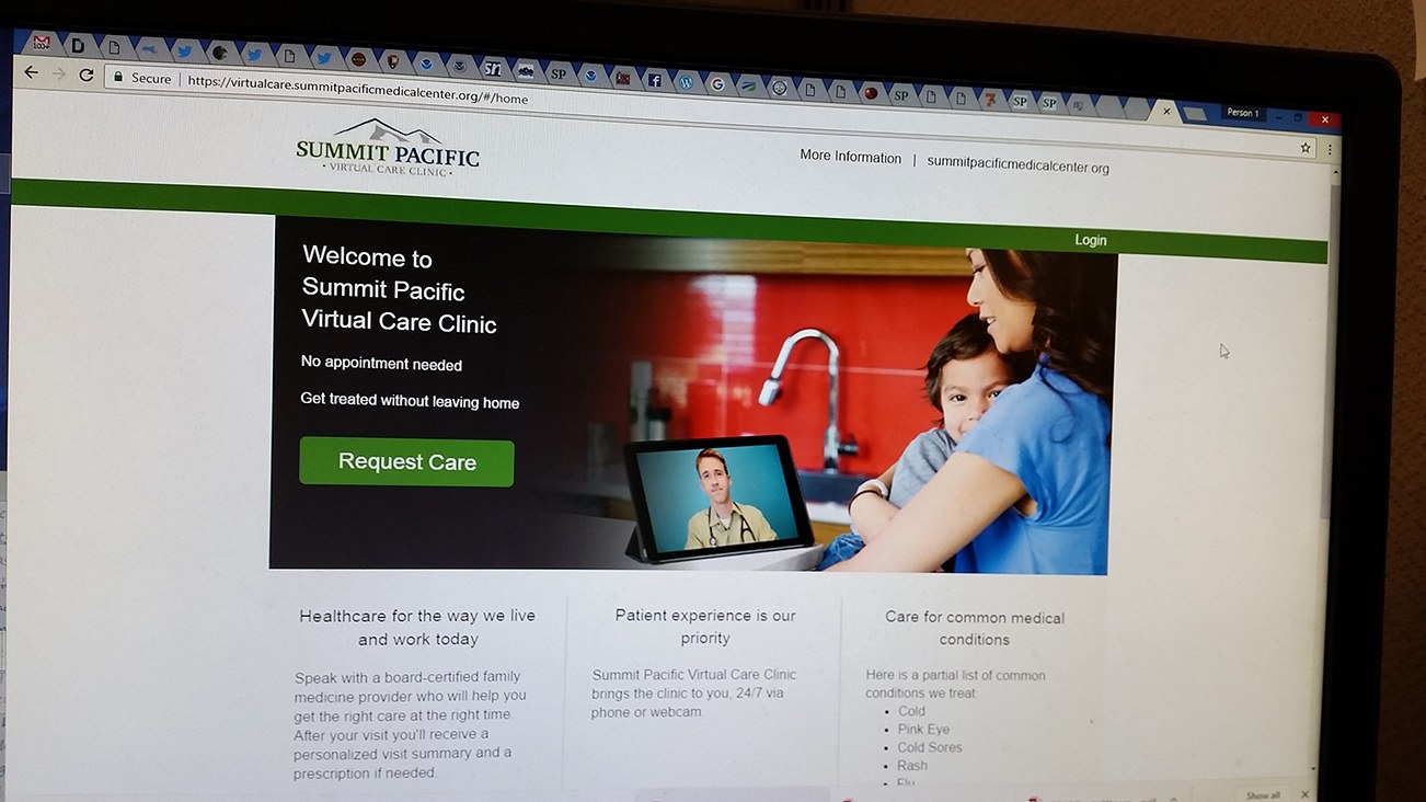 A photograph of a computer browser opened to Summit Pacific’s Virtual Care service. These consultations by phone or computer video began last year but flu season has resulted in more community interest, according to a hospital spokesperson. (Terri Harber|The Daily World)