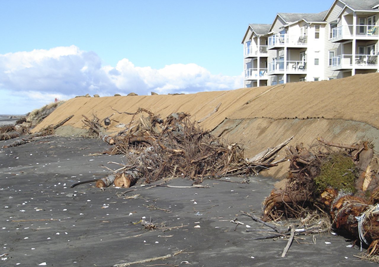 January storms that included high tides, wild waves and strong westerly winds caused major damage to a previous erosion fix completed in late February of last year in front of the Westport by the Sea condominium complex.                                 This month’s fix followed much the same pattern as the first, with the exception of trucking in trees with trunk root structures intact, as opposed to using driftwood available on the beach in front of the condos the last time around. MARIANNE PENCE