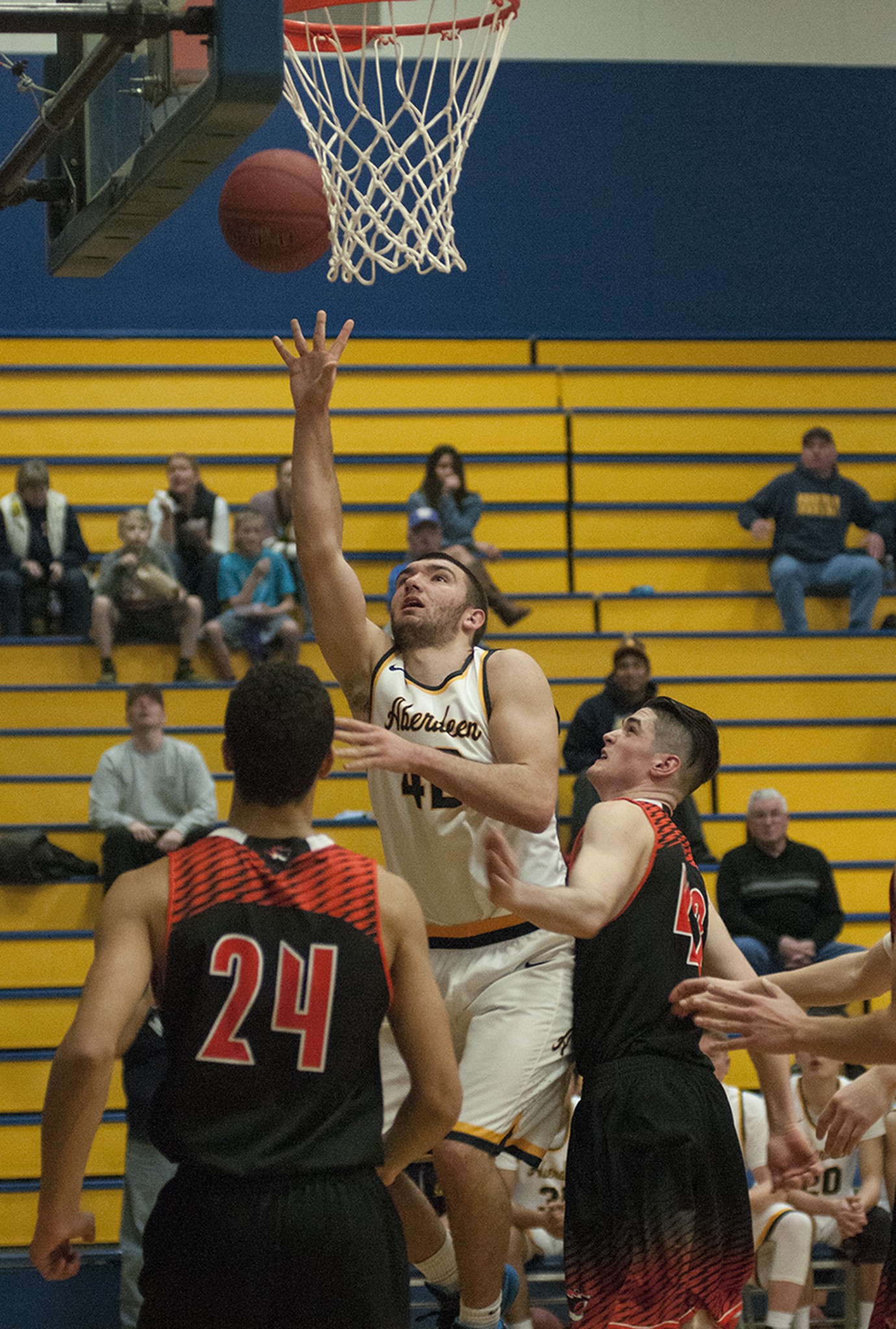 (Brendan Carl | The Daily World) Aberdeen’s Braden Castleberry-Taylor puts up a layin against Centralia during an Evergreen 2A Conference game at Sam Benn Gym on Wednesday.