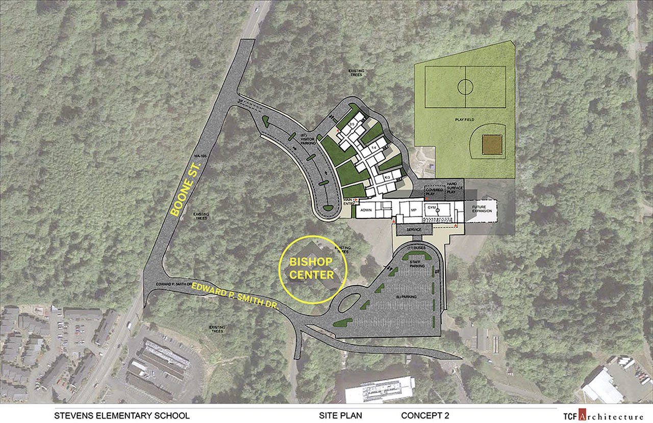 One of two preliminary concepts for a relocated Stevens Elementary School campus adjacent to the Bishop Center for the Arts at Grays Harbor College. Aberdeen School District, the college, YMCA of Grays Harbor and, to a lesser extent, the city of Aberdeen, are discussing partnering for an enhanced project that also provides activity locations for college students and Y members. Location of the Bishop Center is circled.