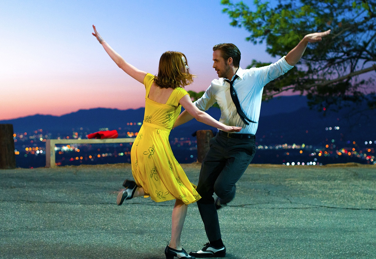Ryan Gosling as Sebastian and Emma Stone as Mia in a scene from the movie “La La Land,” which was nominated for a record-tying 14 Oscars. (Dale Robinette/Lionsgate)
