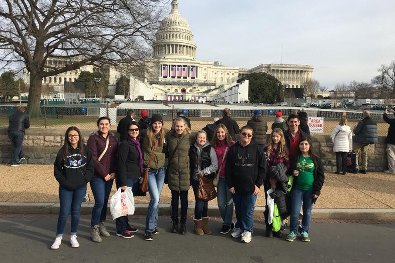 Elma students attend presidential inauguration. Pictured from left are Haylie Valdivia-John, Grace Carossino, Lori Carossino, Jalyn Sackrider, Quin Mikel, Jordan Quinn-Weber, Ella Moore, Ryan Ward, Lilly Bossard, Amanda Orellana and Terry the tour guide. (COURTESY PHOTO)