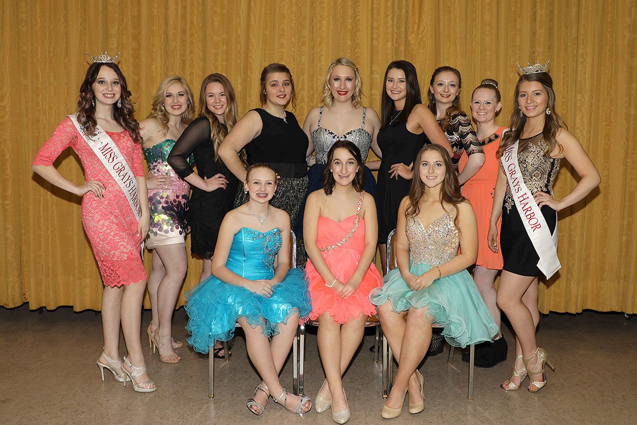 The 2017 Miss Grays Harbor and Miss Grays Harbor Outstanding Teen pageants will be held Saturday at the 7th Street Theater in Hoquiam. Pictured front row left to right are this year’s teen contestants: Shayli Burlingame, Jordan Dehnert and Paicyn Dragoo. Back row on the left is reigning outstanding teen Grace Aiken. Miss Grays Harbor 2017 entrants from her left are Ariana Barre, Paige Folkers, Katurah Martin, Morgan Dehnert (no longer competing), Ericka Manwell, Kylie Shephard and Stephanie Hornback. At far right is the current Miss Grays Harbor, Brooke Swarts.