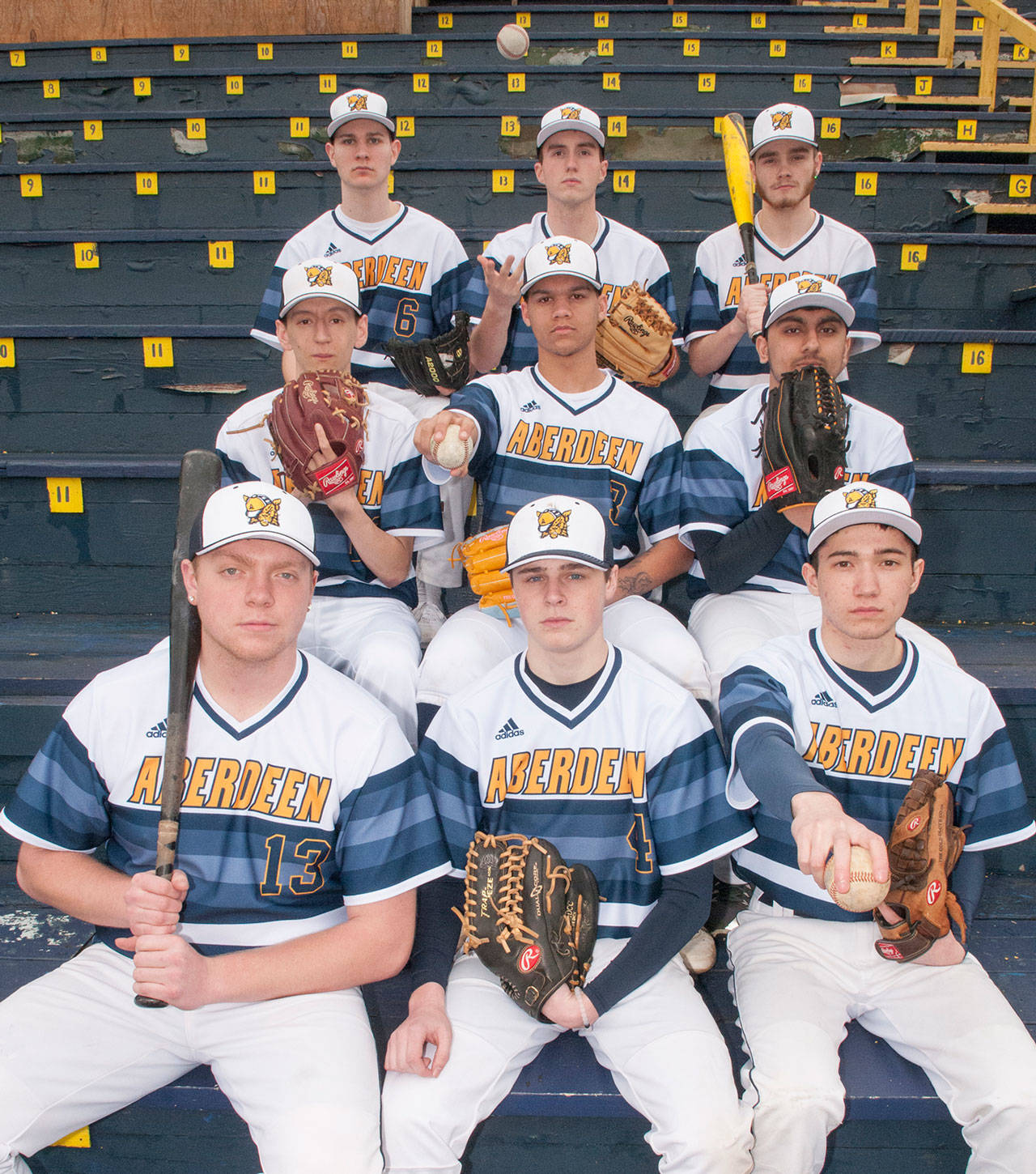 (Brendan Carl | The Daily World) Aberdeen will bring back nine seniors who have been teammates for as long as they can remember for one last season of baseball. The Bobcats are aiming for a postseason run, led by (top, from left) Brayden Roiko, Grant Larson, C.J. Oldham, (middle) Austin Lawrence, Josh Collett, Milan Jandu (bottom) Jake Metke, Blake Swenson and Brian Fuchser.