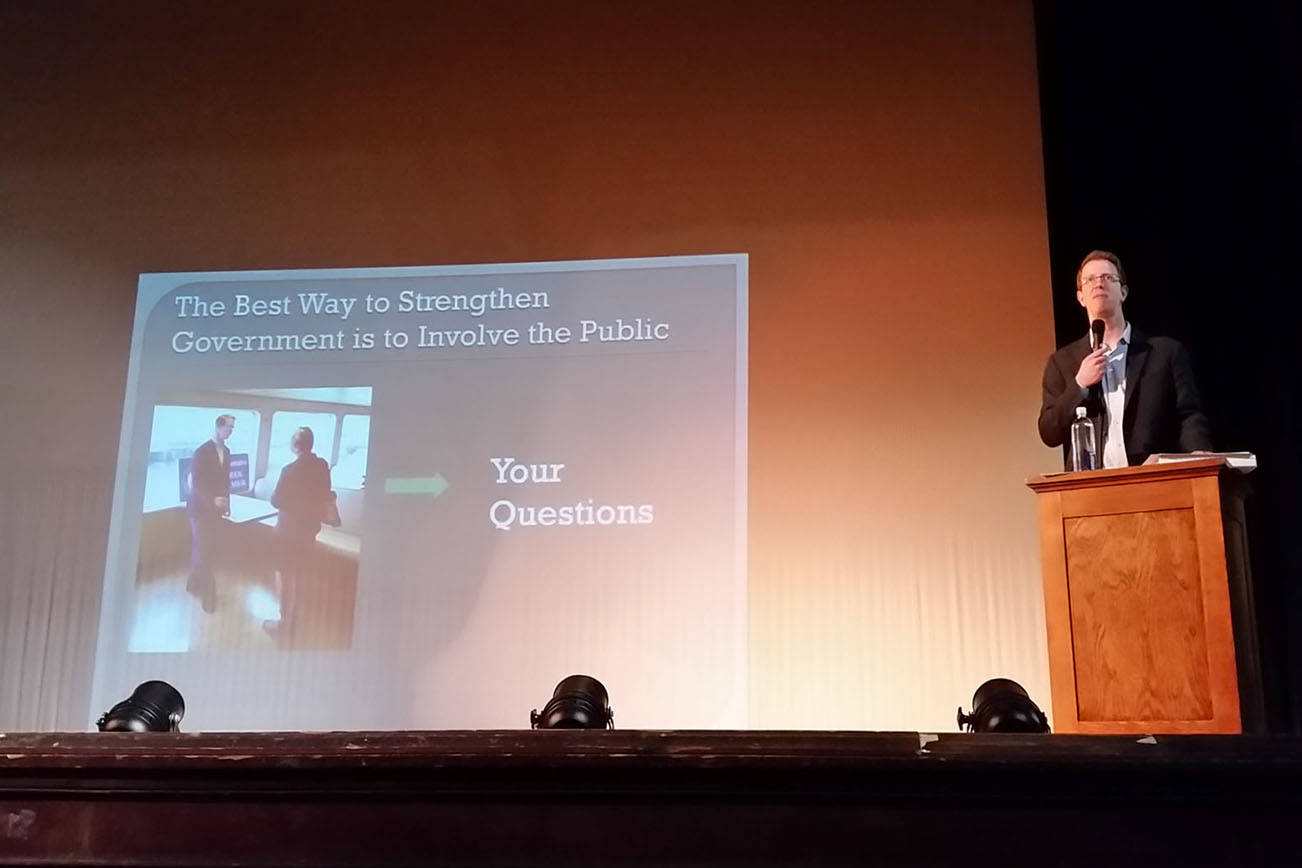 U.S. Rep. Derek Kilmer of Washington’s 6th District hosted a town hall meeting Friday night at the 7th Street Theatre in Hoquiam. (Terri Harber|The Daily World)