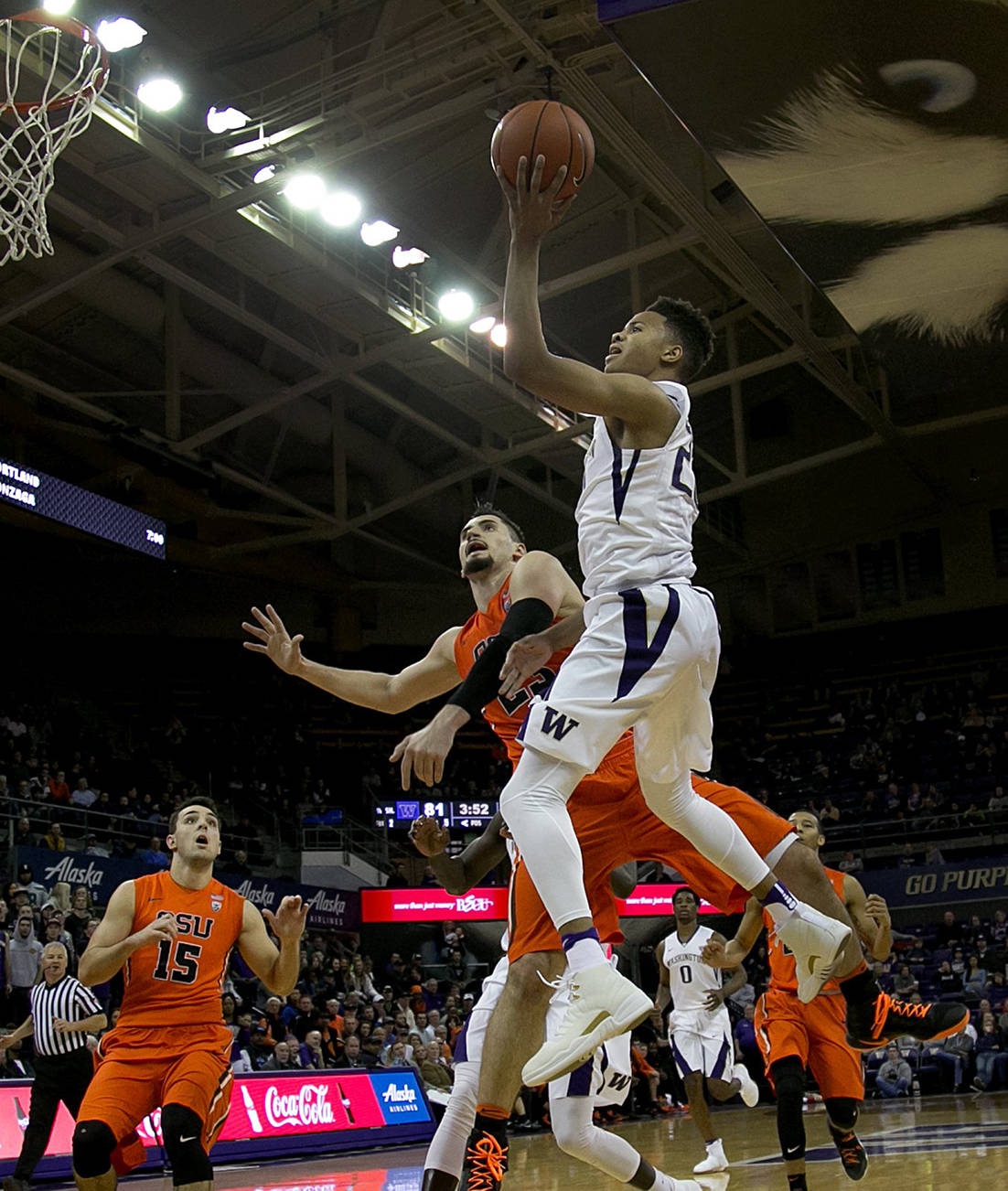 (Johnny Andrews | Seattle Times) Washington’s Markelle Fultz, top, drives to the basket against Oregon State’s Gligorije Rakocevic during the second half on Saturday, Jan. 7 at Alaska Airlines Arena in Seattle. Washington won, 87-61.