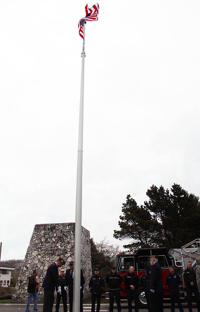 Angelo Bruscas/North Coast News photo: The new Ocean Shores flagpole at the city’s entrance on Pt. Brown Ave.
