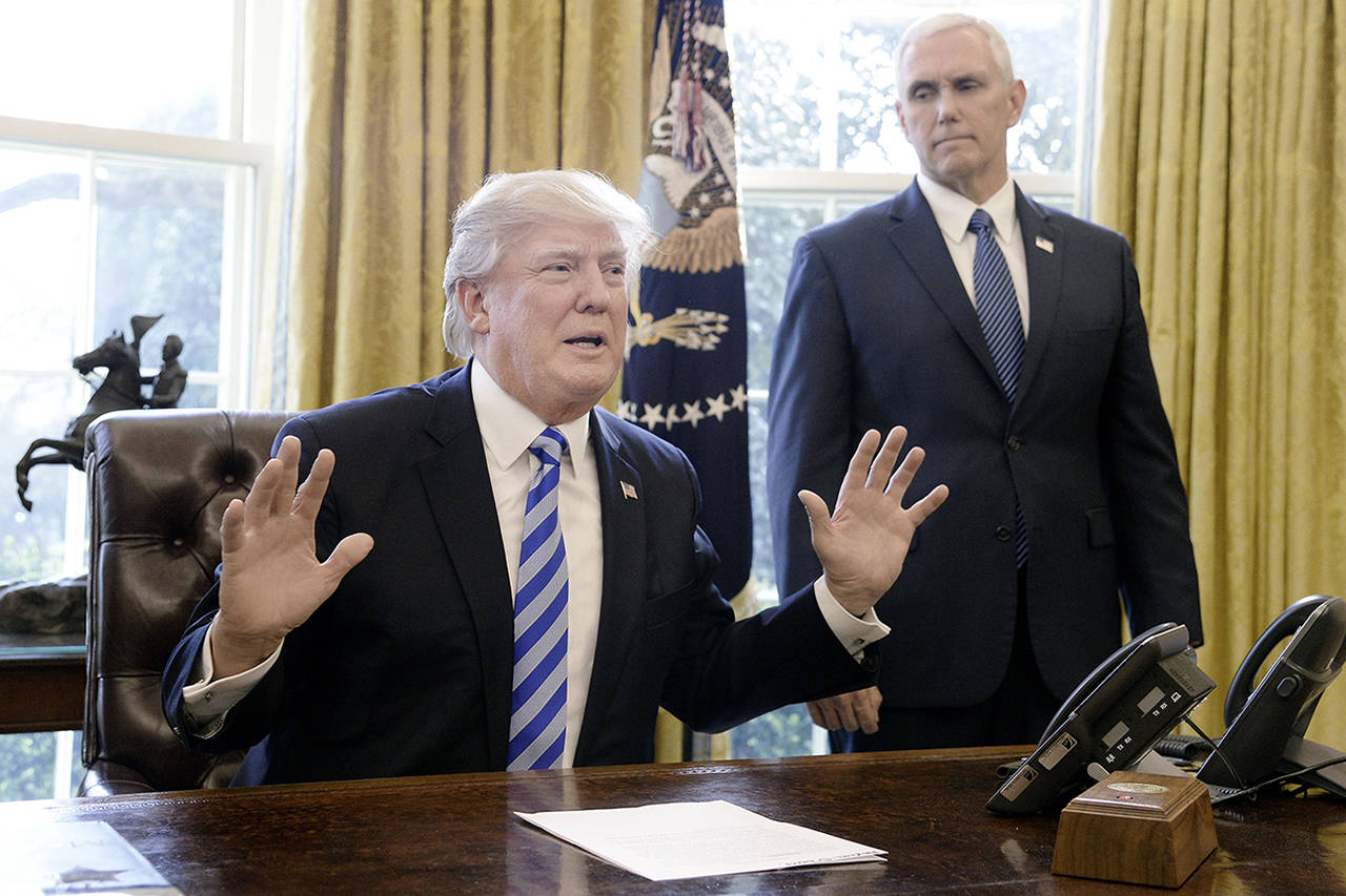 Olivier Douliery/Abaca Press                                 President Donald Trump reacts in the Oval Office of the White House after Republicans abruptly pulled their health care bill from the House floor on Friday.