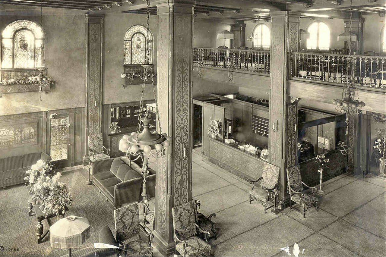 The grand lobby of the Emerson Hotel in its heyday. (Courtesy of the Poulson Museum)