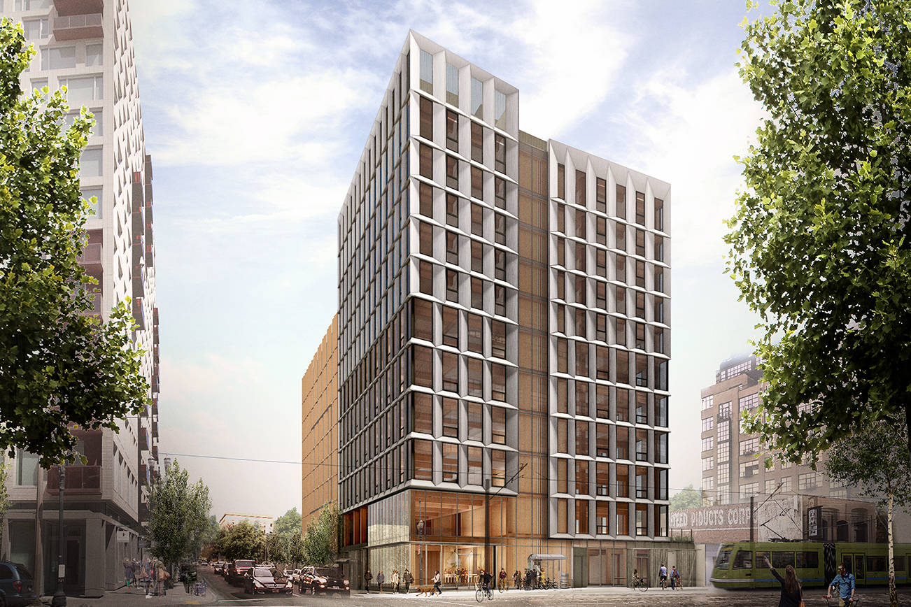 PHOTO BY LEVER ARCHITECTURE                                The Framework Building in Portland’s Pearl District will be the nation’s first wood high-rise building. Slated to begin construction in the fall, the 12-floor building is supported by a conventionally reinforced concrete mat foundation, but the floors and exterior of the building will be made with CLT in conjunction with glue laminated beams and columns.