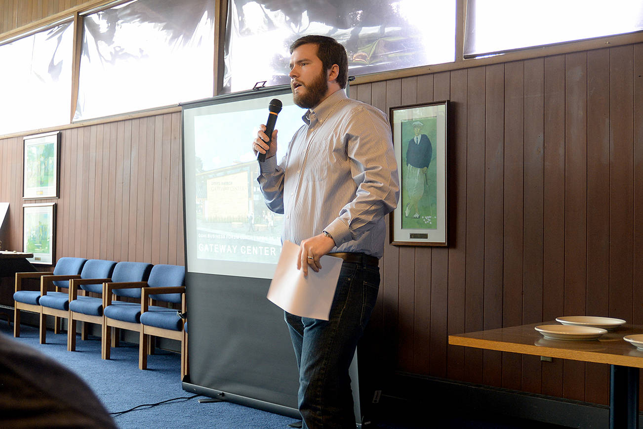 DAN HAMMOCK | THE DAILY WORLD                                Aberdeen Mayor Erik Larson gave a presentation Tuesday about the Gateway Center at Greater Grays Harbor Inc.’s monthly business lunch. Larson stressed the Gateway Center is more than “a glorified tourism center.”