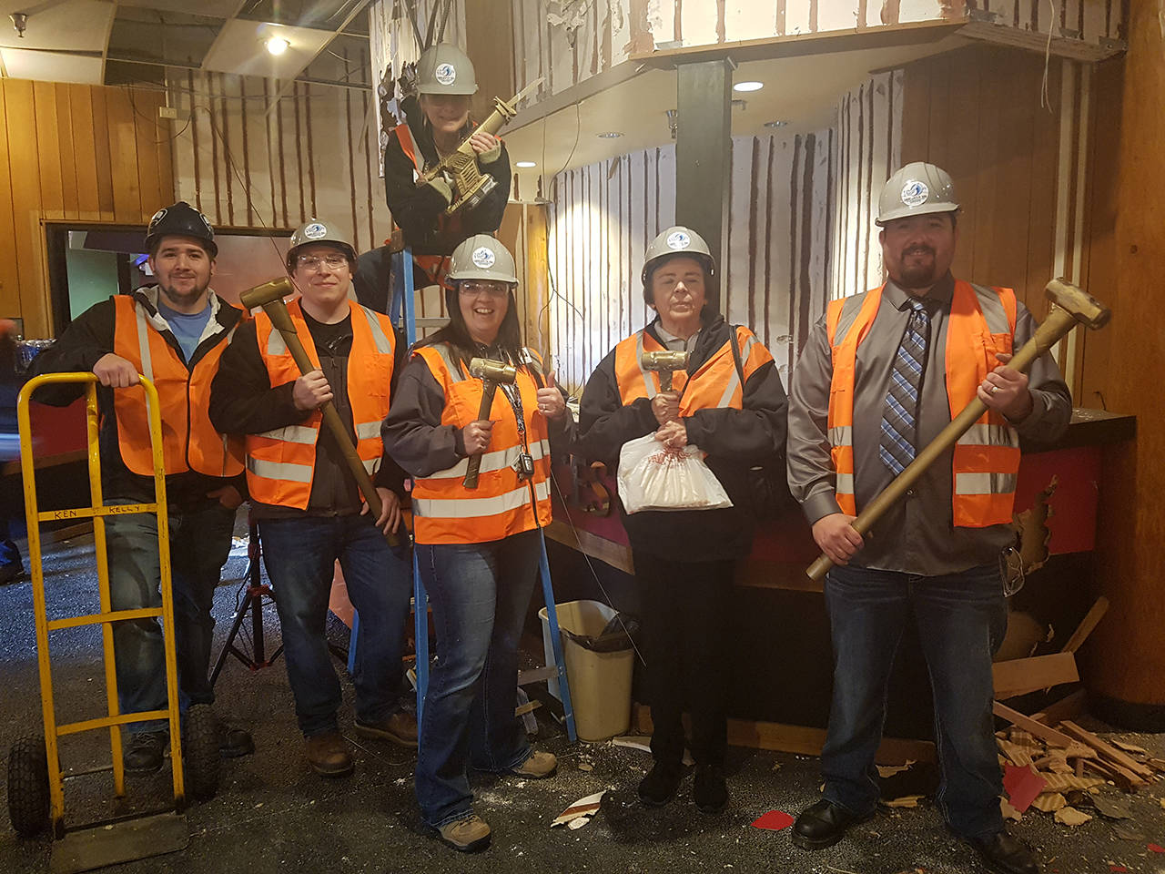 Shoalwater Bay tribal members, left to right, Joel Blake, Kenny Waltman, Mary Downs (on ladder), Jamie Judkins, Colleen Dietl, and Jacob Christensen.