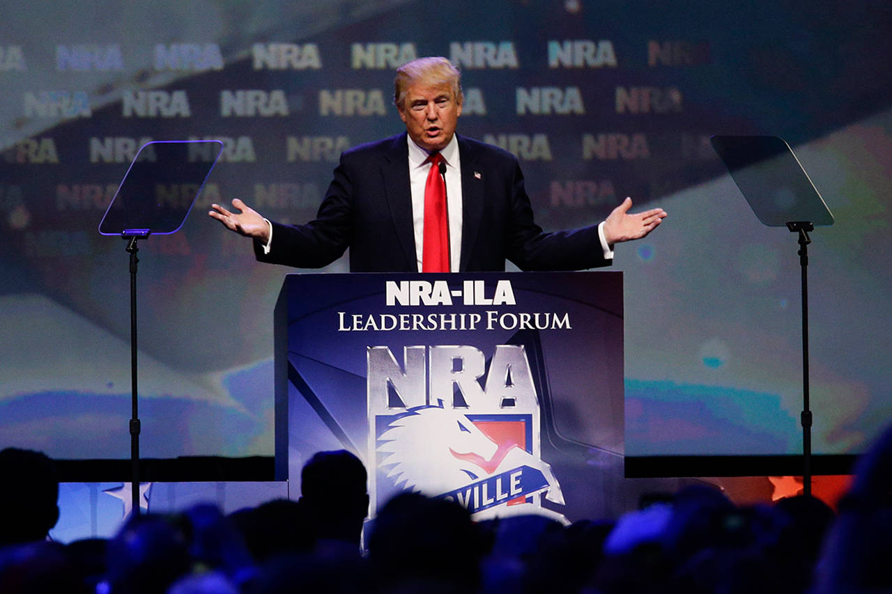Then-candidate Donald Trump speaks at the NRA Leadership Forum on May 20, 2016, in Louisville, Ky. Trump’s administration has been quietly loosening firearms restrictions in the United States after successfully seeking the support of gun owners on the campaign trail. (Mark Cornelison/Lexington Herald-Leader)