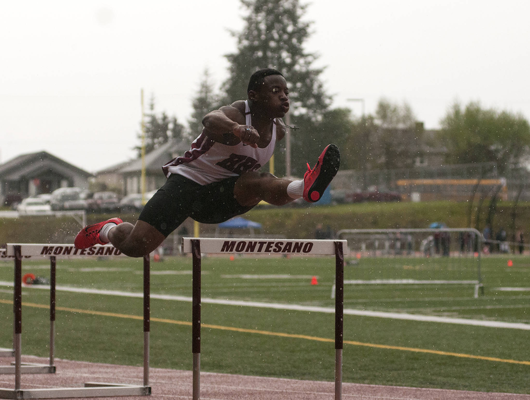(Brendan Carl | The Daily World) Hoquiam’s Artimus Johnson won the 300 hurdles in a time of 44.06 on Friday.