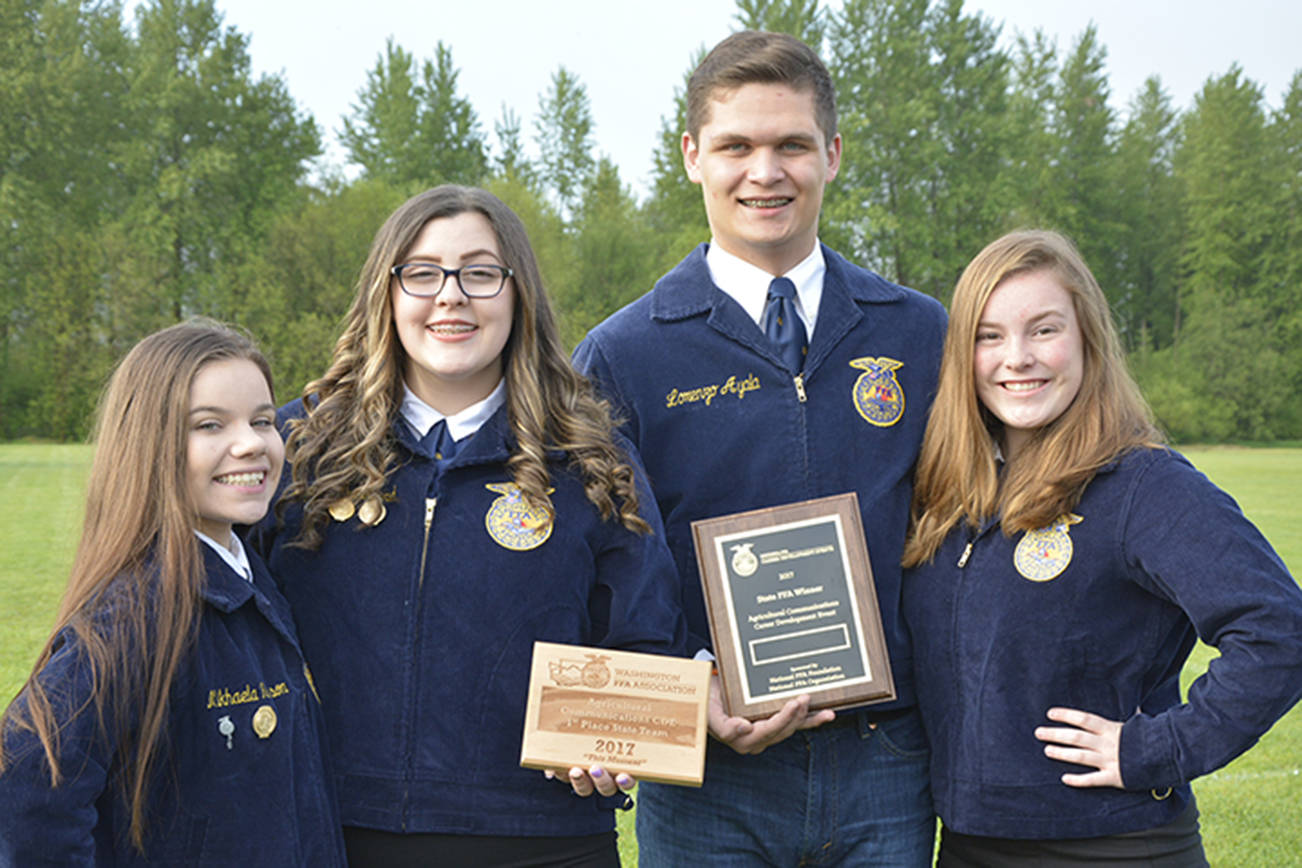 Ag Comm State Champs: Elma FFA Agricultural Communications team wins the state championship and will represent Washington at the national level this coming fall in Indianapolis, Ind. at the National FFA Convention. Team members left to right: Mikhaela Nelson, Abigail Spoonhoward, Mickey Velasco, and Shayla Kelly.