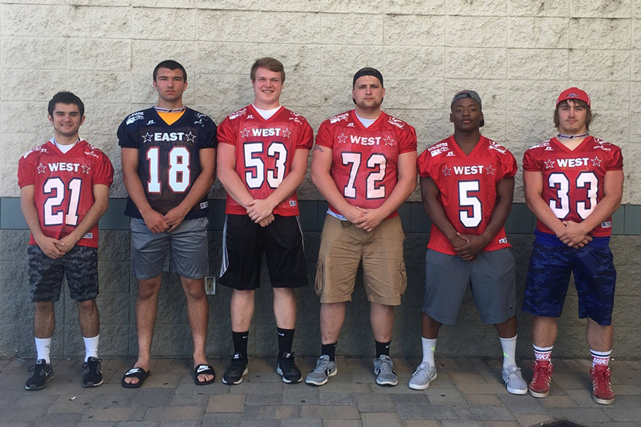 (Tom Sanchez) Six Twin Harbor high school football players participated in Saturday’s Earl Barden East-West All-Star Classic in Yakima on Saturday. The players were (from left) South Bend’s A.J. Sanchez, Aberdeen’s Braden Castleberry-Taylor, Raymond’s Luke Hamilton, Montesano’s Taylor Rupe, Hoquiam’s Artimus Johnson and Pe Ell-Willapa Valley’s Kaelin Jurek.