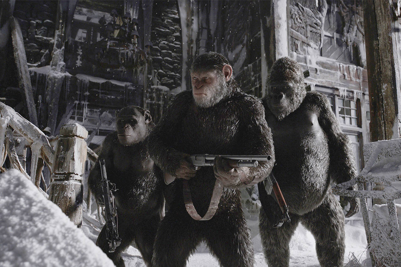 Fox Movies                                 Caesar (Andy Serkis), center, leads lieutenants Rocket the chimp (Terry Notary) and Luca the gorilla (Michael Adamthwaite) in “War for the Planet of the Apes.”