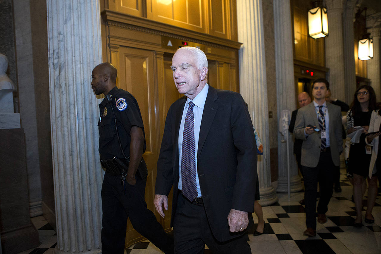 S Alex Edelman | Zuma Press                                 In the early morning hours of Friday, Sen. John McCain (R-AZ) walks to the Senate chamber prior to voting against a bill that would repeal the Affordable Care Act. McCain says he wants to return to a time when Republicans and Democrats can find a compromise on grand ideas.