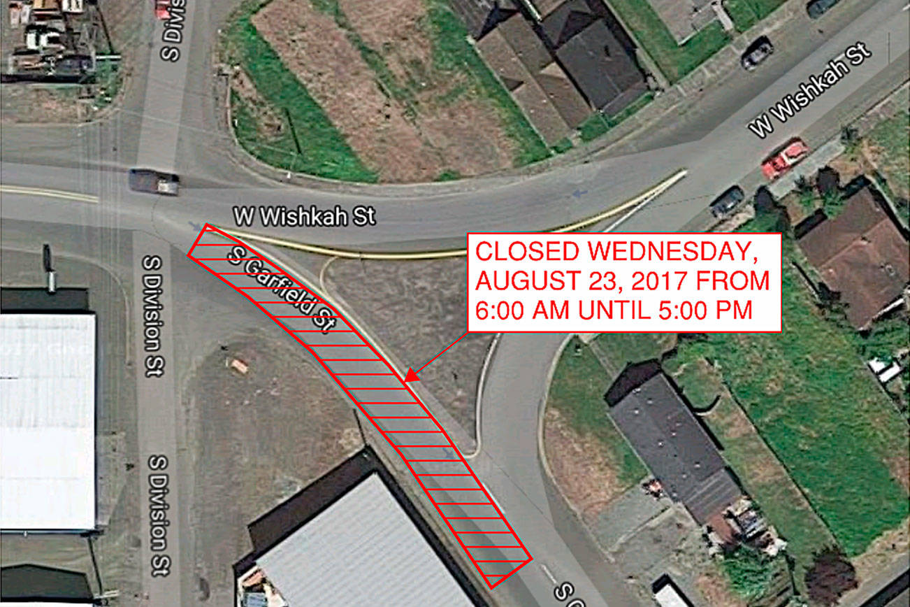 Garfield Street will be closed at the intersection of Wishkah Street and Division Street from 6 a.m. to 5 p.m. Wednesday, August 23 for roadway repairs, according to a notice from Aberdeen City Engineer Kris Koski. Traffic heading eastbound from the Port toward Aberdeen should detour to Myrtle Street.