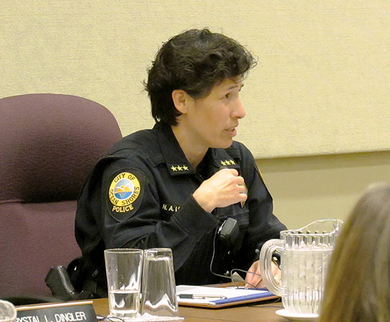 Scott Johnston photo: Ocean Shores Police Chief Neccie Logan talks about the proposed changes and additions to the city’s laws dealing with nuisance properties.