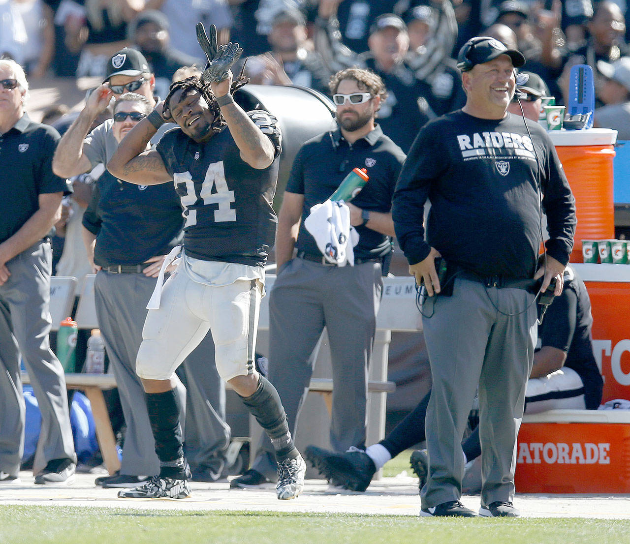 Oakland Raiders’ Marshawn Lynch (24) dances during a time out during a game against the New York Jets in the fourth quarter on Sunday at the Oakland Coliseum. (Nhat V. Meyer/Bay Area News Group/TNS)