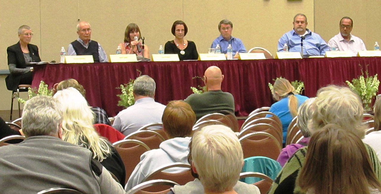 Scott D. Johnston photo: City Council candidates from left to right: Susan Conniry, John Lynn, Lisa Griebel, Shannon Rubin, Steve Ensley, Bob Crumpacker and Carlos Roldan.