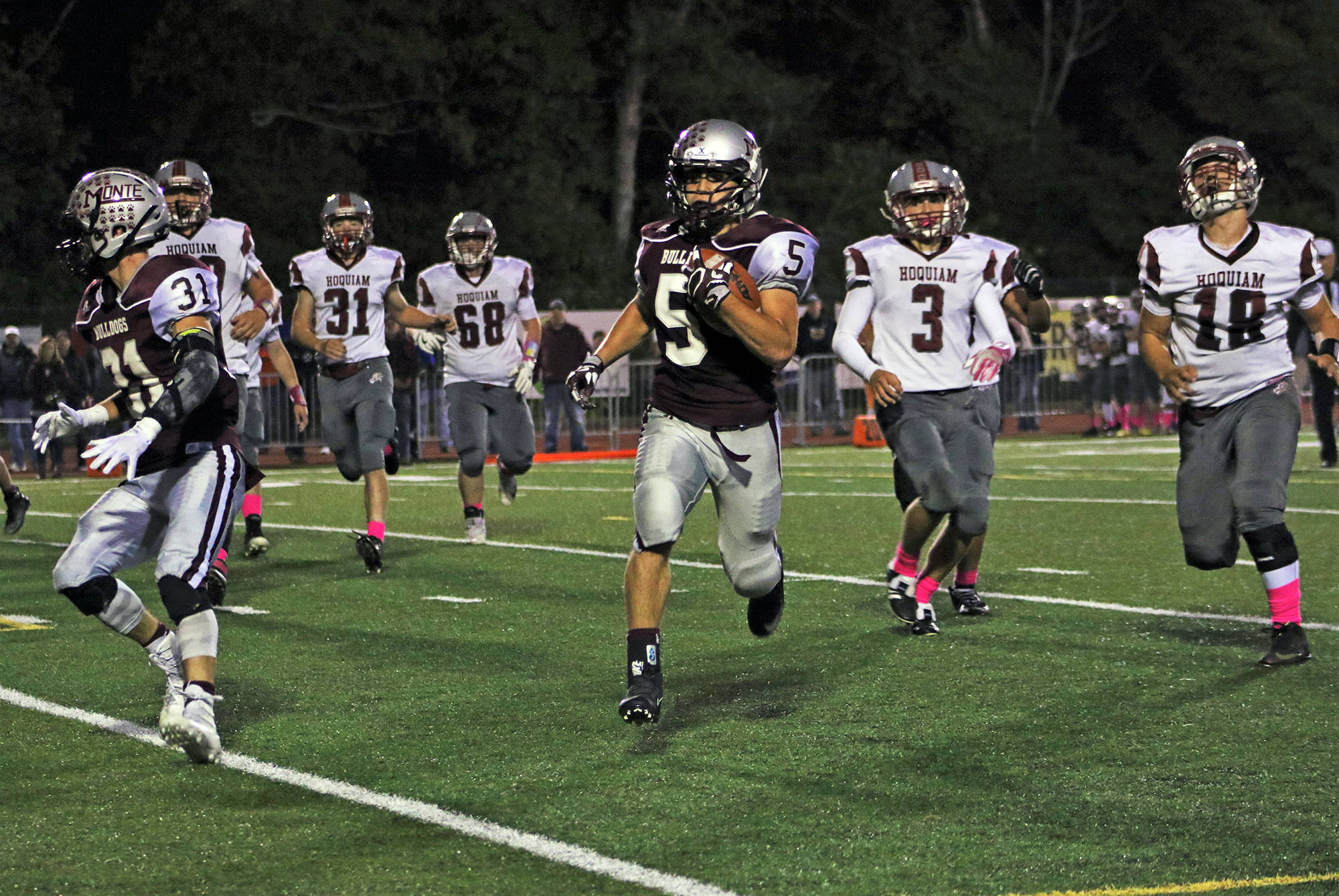 Brendan Carl                                For The Daily World Montesano’s Teegan Zillyett rushes in for a touchdown in the first half against Hoquiam on Friday during an Evergreen 1A League contest at Jack Rottle Field.