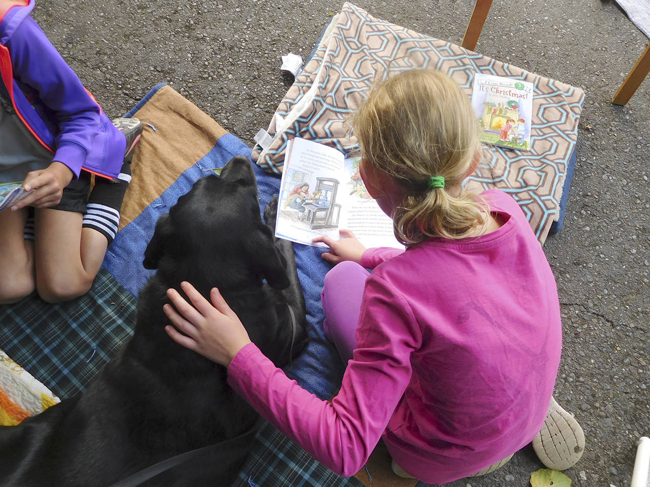 Courtesy photo                                Cathy Carter’s dog Tilly sits with a young girl reading at the Festival in the Park in September. Carter and Tilly volunteer with Canine Reading Buddies of Grays Harbor, one of 29 organizations participating in the 19th annual Volunteer Opportunities Fair on Saturday.