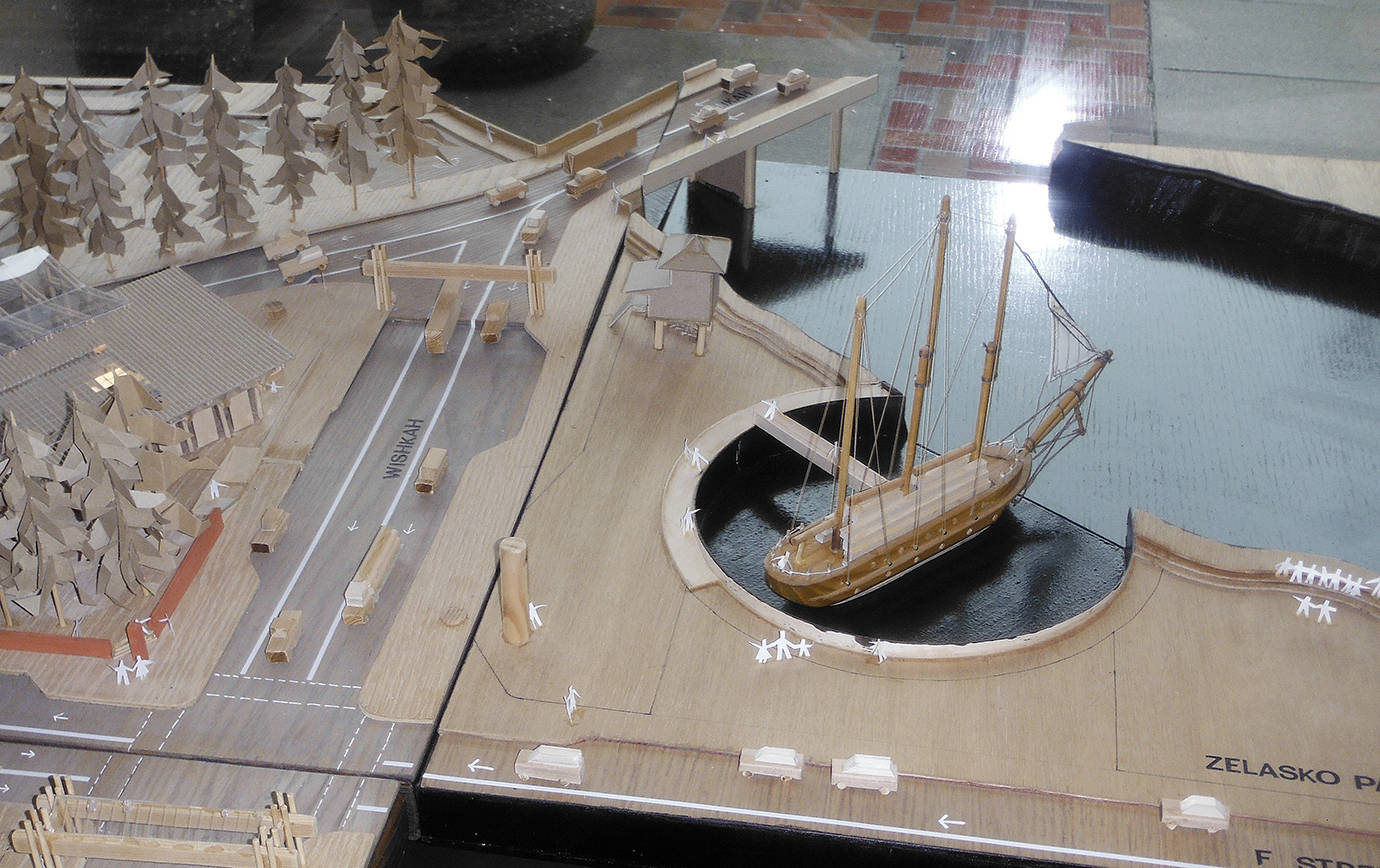 DAN HAMMOCK | THE DAILY WORLD                                Local architect Robert Ford created this model of a proposed timber schooner display at Zelasko Park in Aberdeen. It is currently on display in the front window of the Aberdeen Revitalization Movement office on I Street across from the D&R Theater.