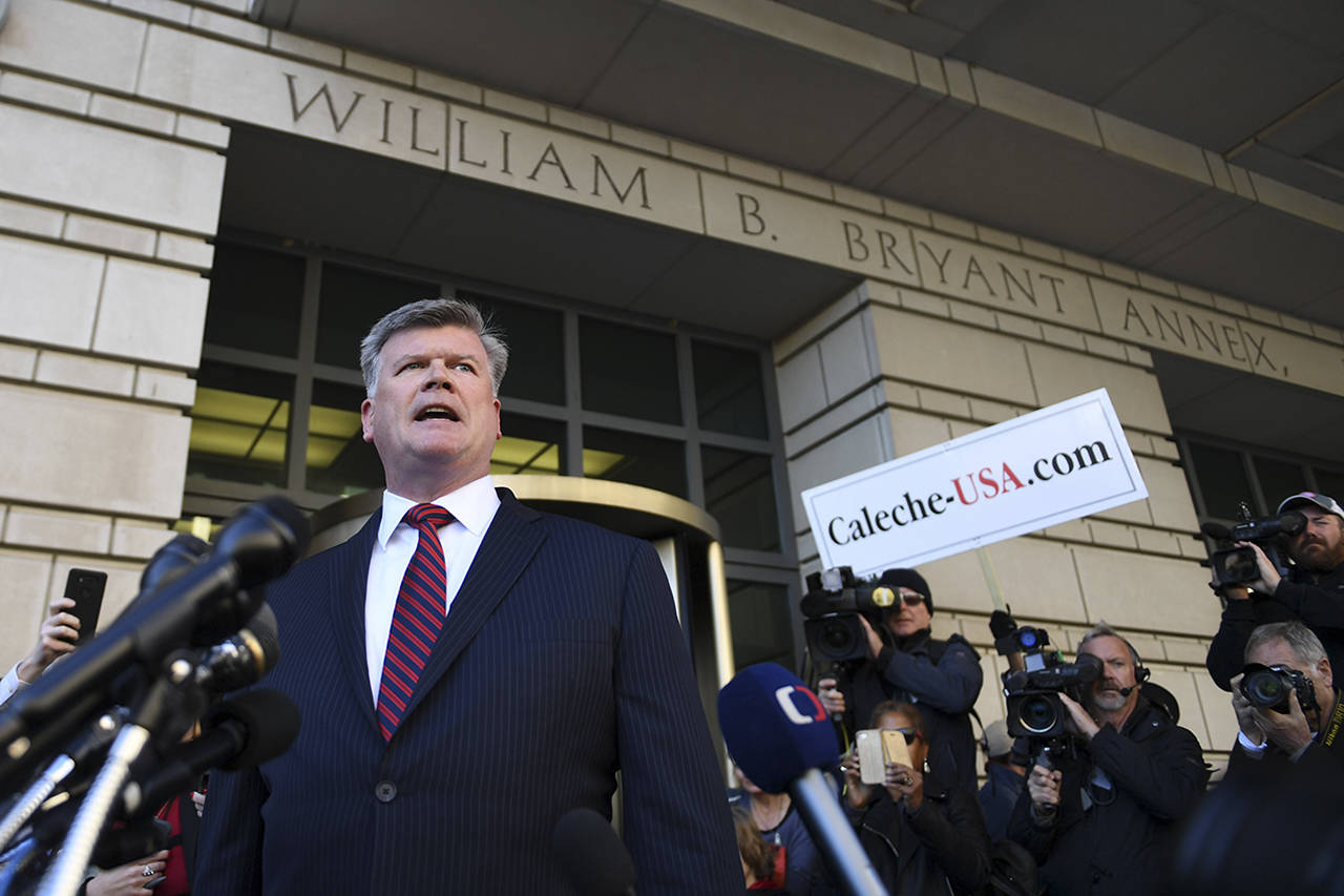 Kevin Downing, attorney for Paul Manafort, former campaign manager of U.S. President Donald Trump, speaks to the press Monday after a hearing related to alleged Russian meddling in the U.S. 2016 presidential elections outside the Federal District Court in Washington, D.C. (Xinhua | Sipa USA)
