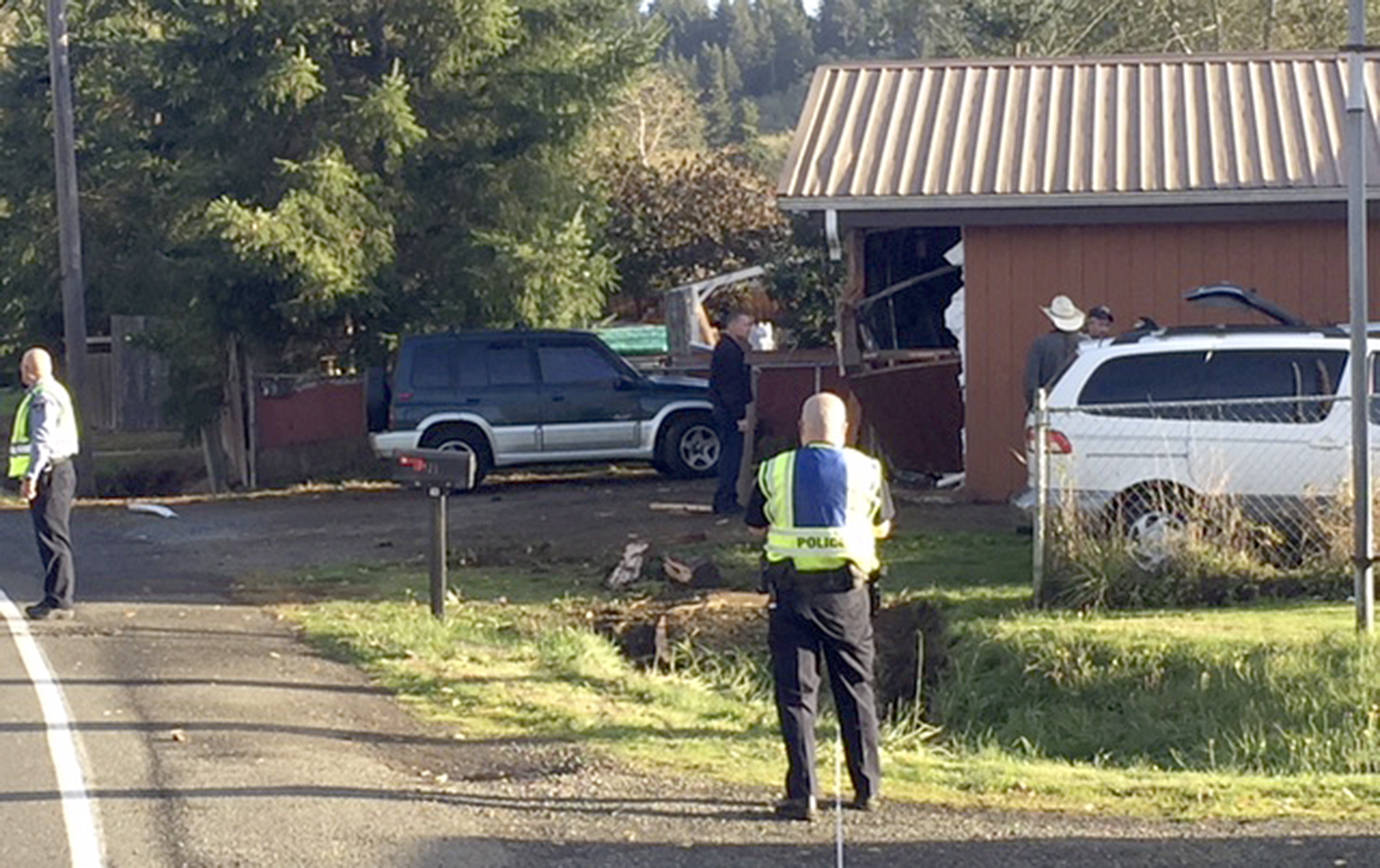 HOQUIAM POLICE DEPARTMENT PHOTO                                This garage was struck by a fast-moving full sized pickup late Wednesday afternoon after the vehicle left the roadway at a high rate of speed southbound in the 900 block of Broadway Avenue in Hoquiam.