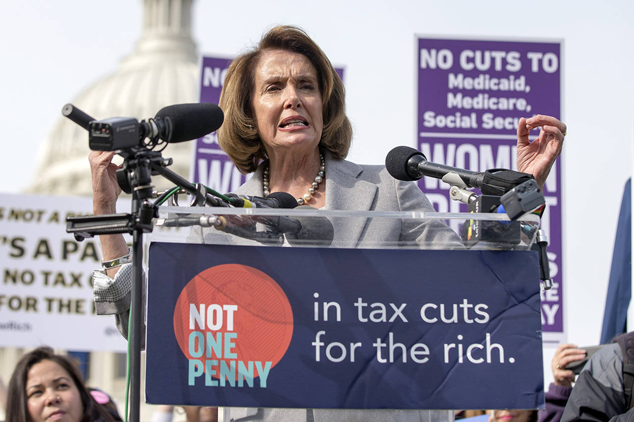 House Minority Leader Nancy Pelosi (D-Calif.) speaks Nov. 1 during a rally led by Congressional Democrats against President Donald Trump’s proposed tax plan, outside the Capitol in Washington, D.C. (Alex Edelman | CNP | Sipa USA)