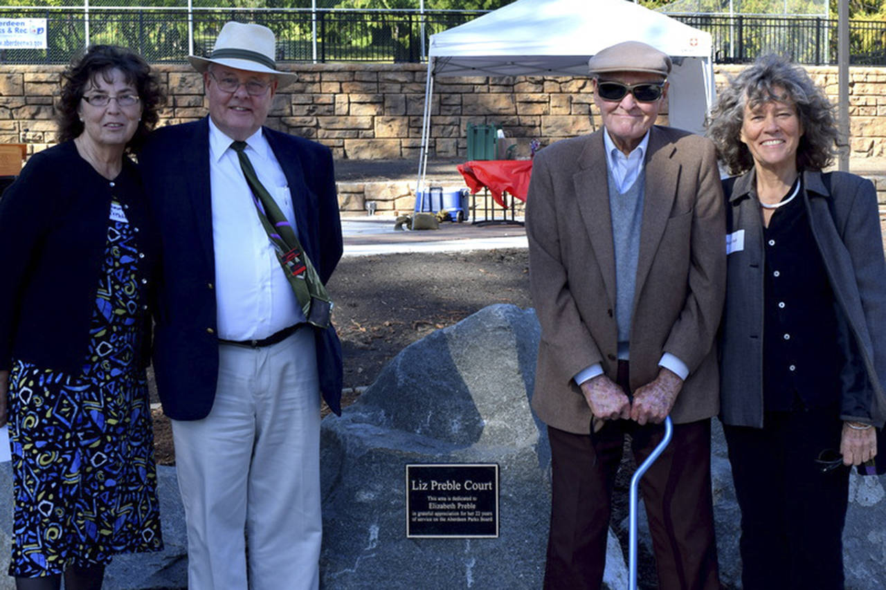 (Courtesy photo) Bob Preble, second from right, attends the dedication of the tennis courts at Sam Benn Park in 2016 with (from left) daughter-in-law Sammie Preble, son Gary Preble and daughter Robin Preble.