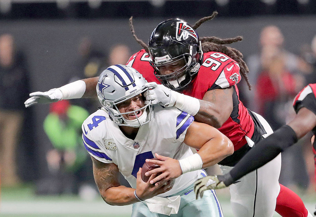 Atlanta defensive end Adrian Clayborn recorded a career-high six sacks, forced two fumbles and recovered a fumble in the Falcons’ 27-7 win against Dallas last weekend. Clayborn’s six sacks are a single-game franchise record and tied for the second-most in a game since the individual sack became an official statistic in 1982. Only Pro Football Hall of Famer Derrick Thomas (seven on Nov. 11, 1990) had more sacks in a single game. (Rodger Mallison/Fort Worth Star-Telegram)