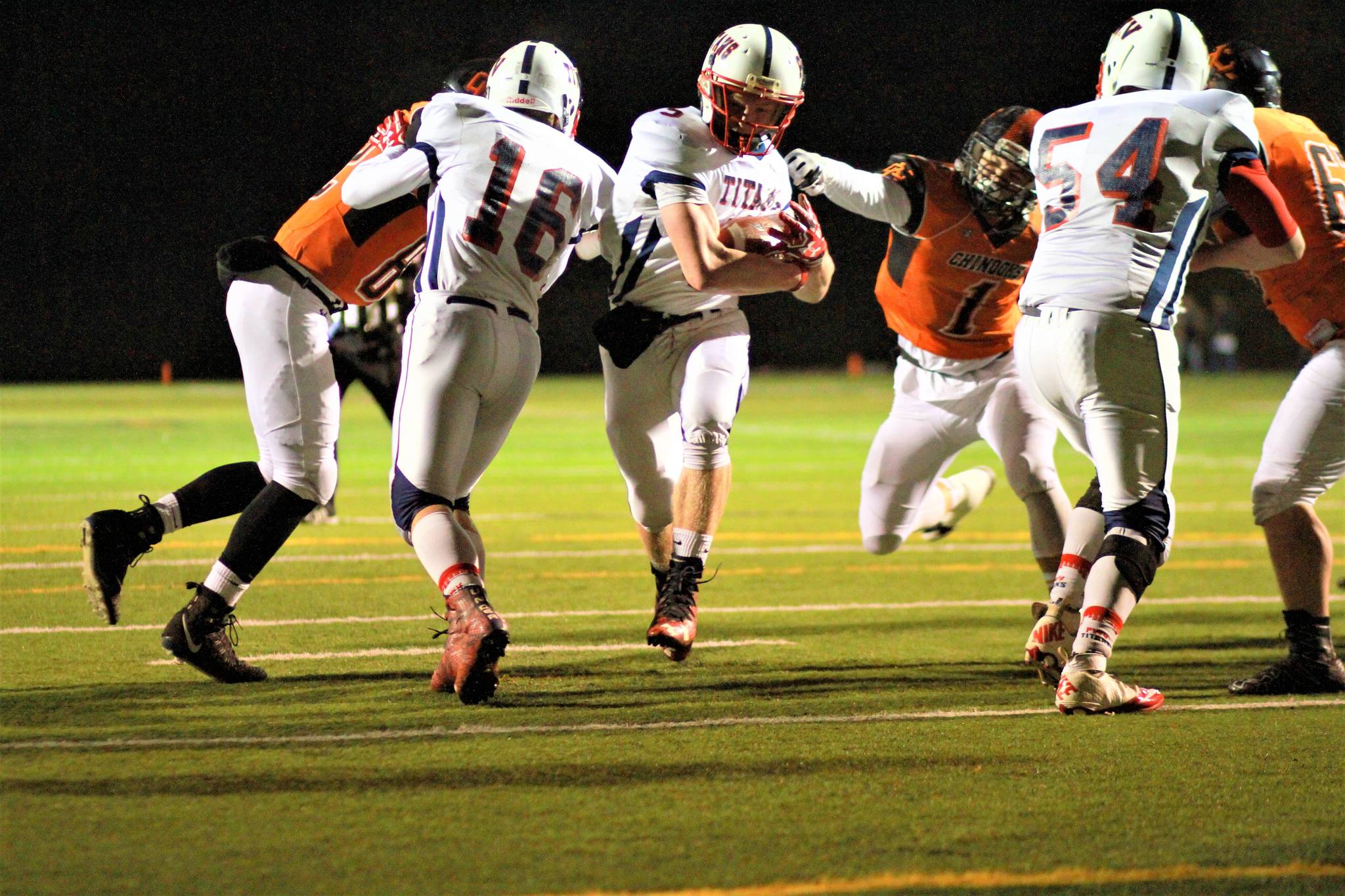 (Photo by Larry Bale) Peter Hamilton squirts through a hole on the way the end zone. He gained 96 yards on 21 carries.