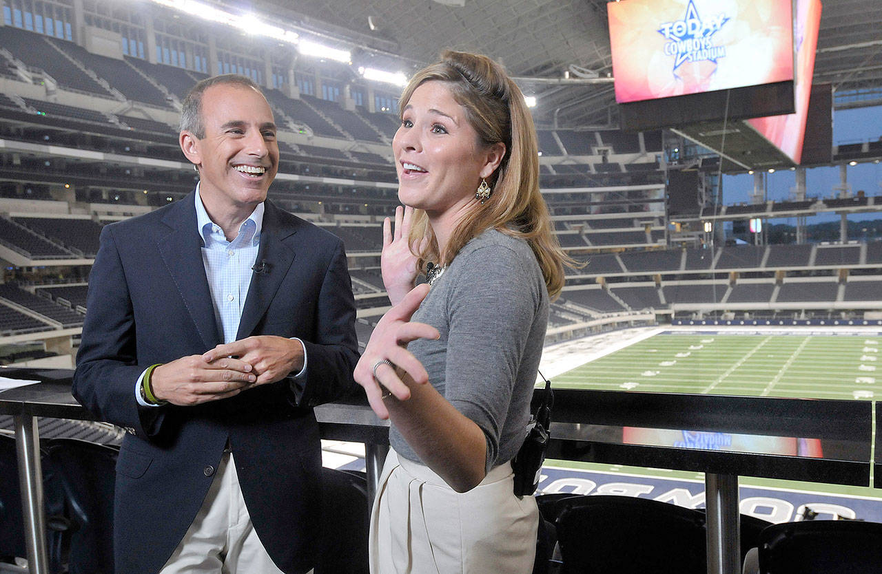 Jenna Bush Hager, right, shares a laugh with Today Show host Matt Lauer in 2009 in Arlington, Texas. Lauer was fired by NBC News on Wednesday for inappropriate sexual behaviorthat began at the 2014 Winter Olympics.                                (Max Faulkner/Fort Worth Star-Telegram)
