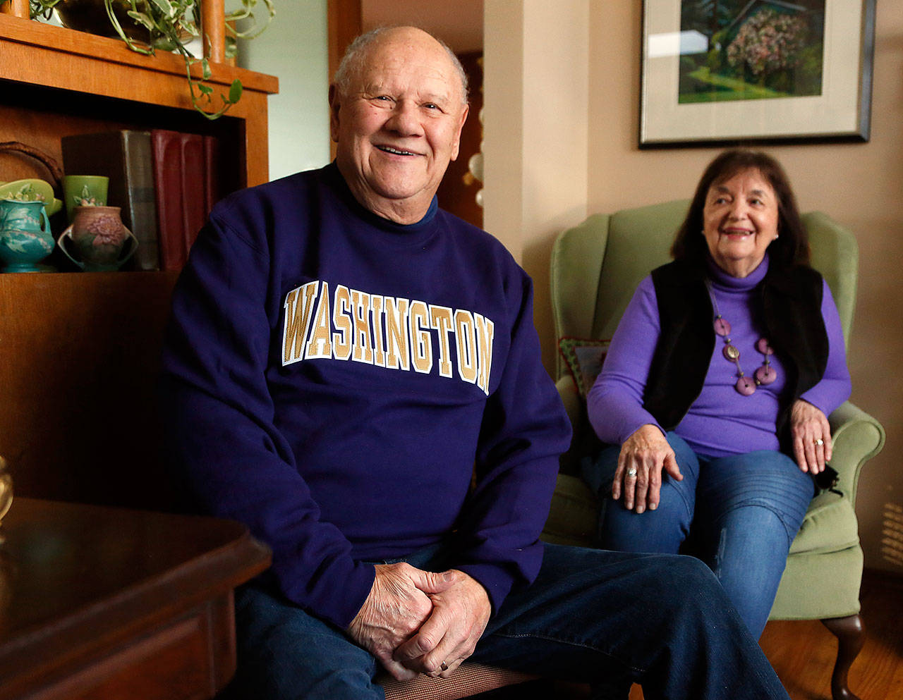 A 1956 University of Washington graduate, Thor Donald Linde and his wife, Pat, have been Husky season ticket holders since 1964, attending 15 bowl games, including seven Rose Bowls. In all the regular Husky football games during that span, they have only missed a half-dozen or so. (Dan Bates / The Herald)