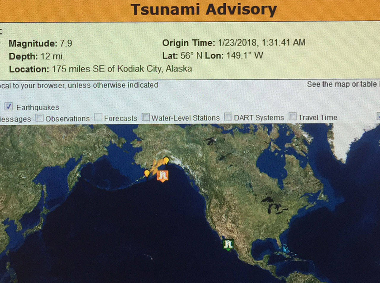 This is the original alert issued by the Tsunami Warning Center of the Alaskan earthquake Tuesday morning.