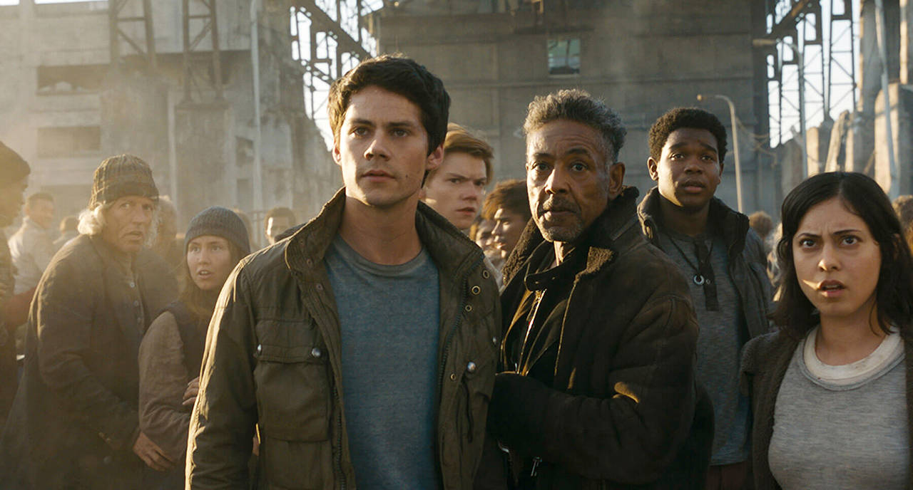 Dylan O’Brien, left, leads the cast in “Maze Runner: Death Cure.” (20th Century Fox)