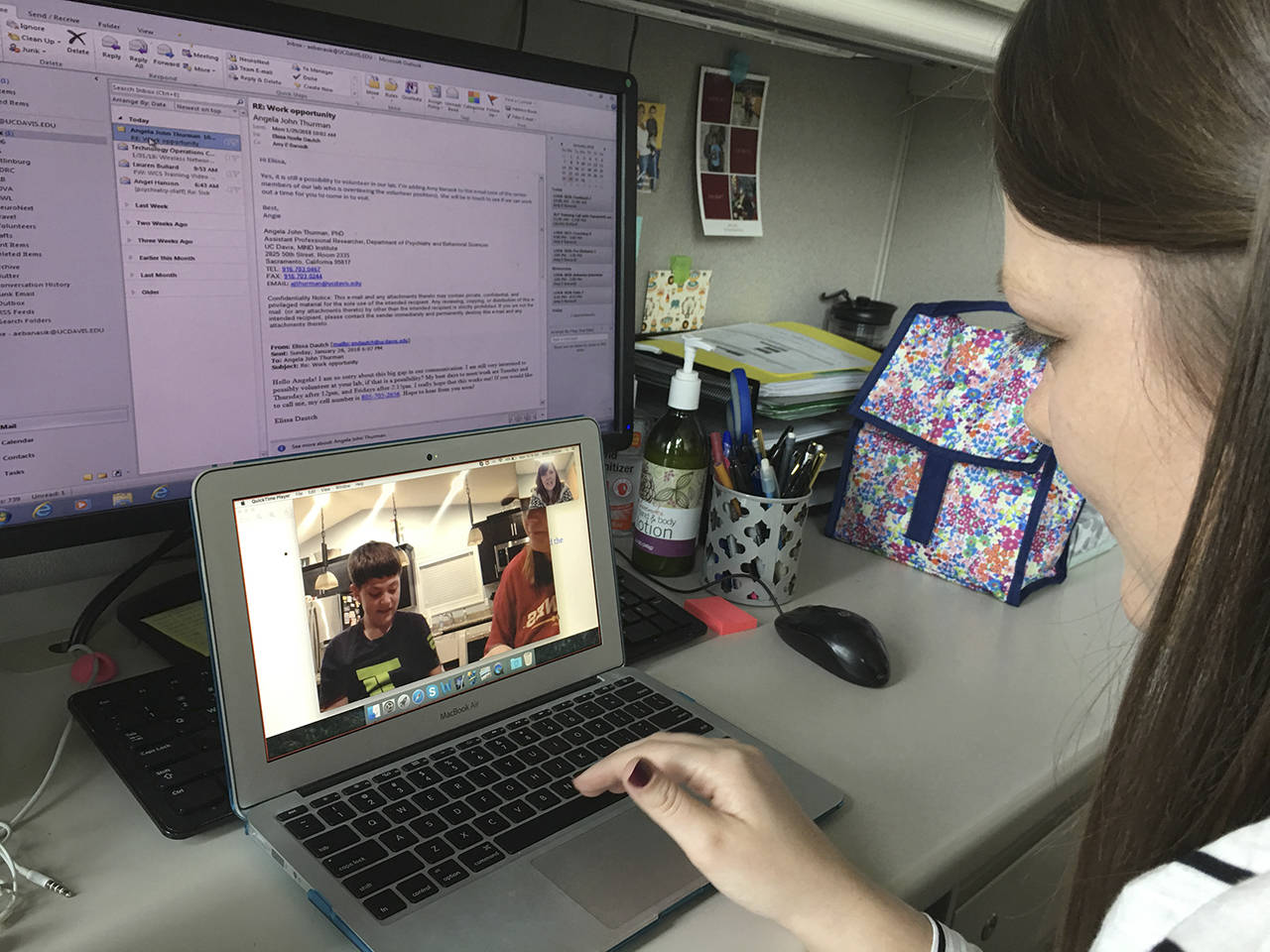 UC Davis Health                                 Speech language clinician Amy Banasik coaches Kristen Lundstrom over Skype in her use of strategies to help her son Tyson expand his sentences and use new words.